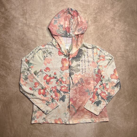 Vintage 90s Christopher & Banks Floral Print Chinese Text Zip Up Jacket Hoodie - Picture 8 of 8